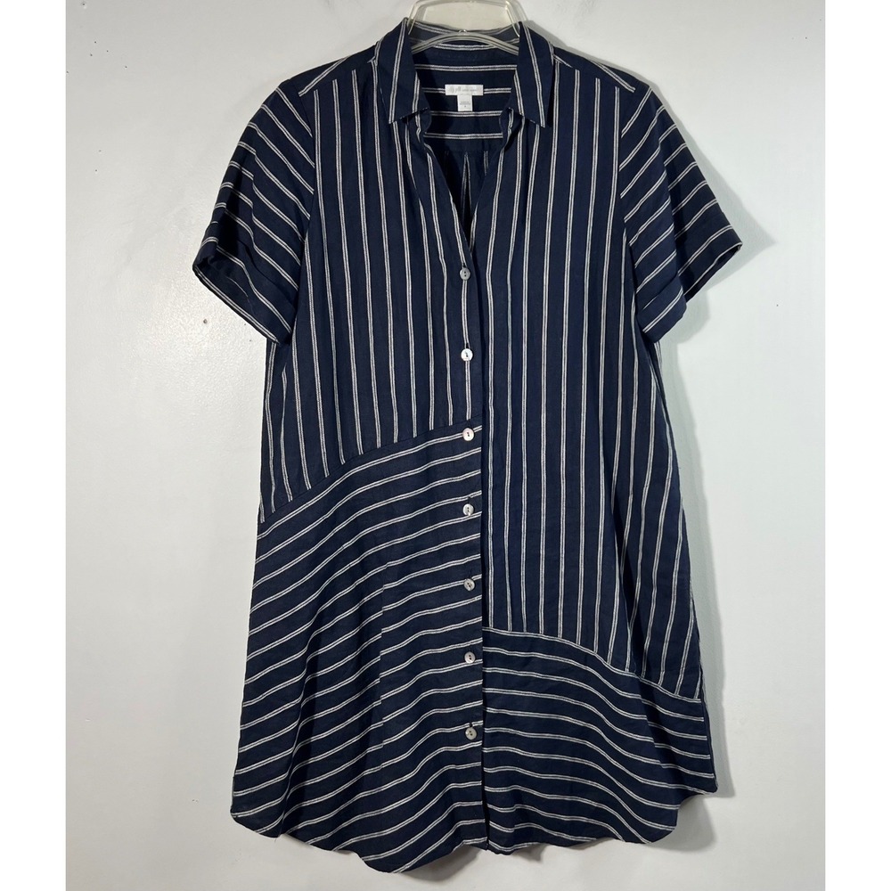 J Jill Love LInen Striped Lagenlook Linen Shirt Dress Pockets S Navy White